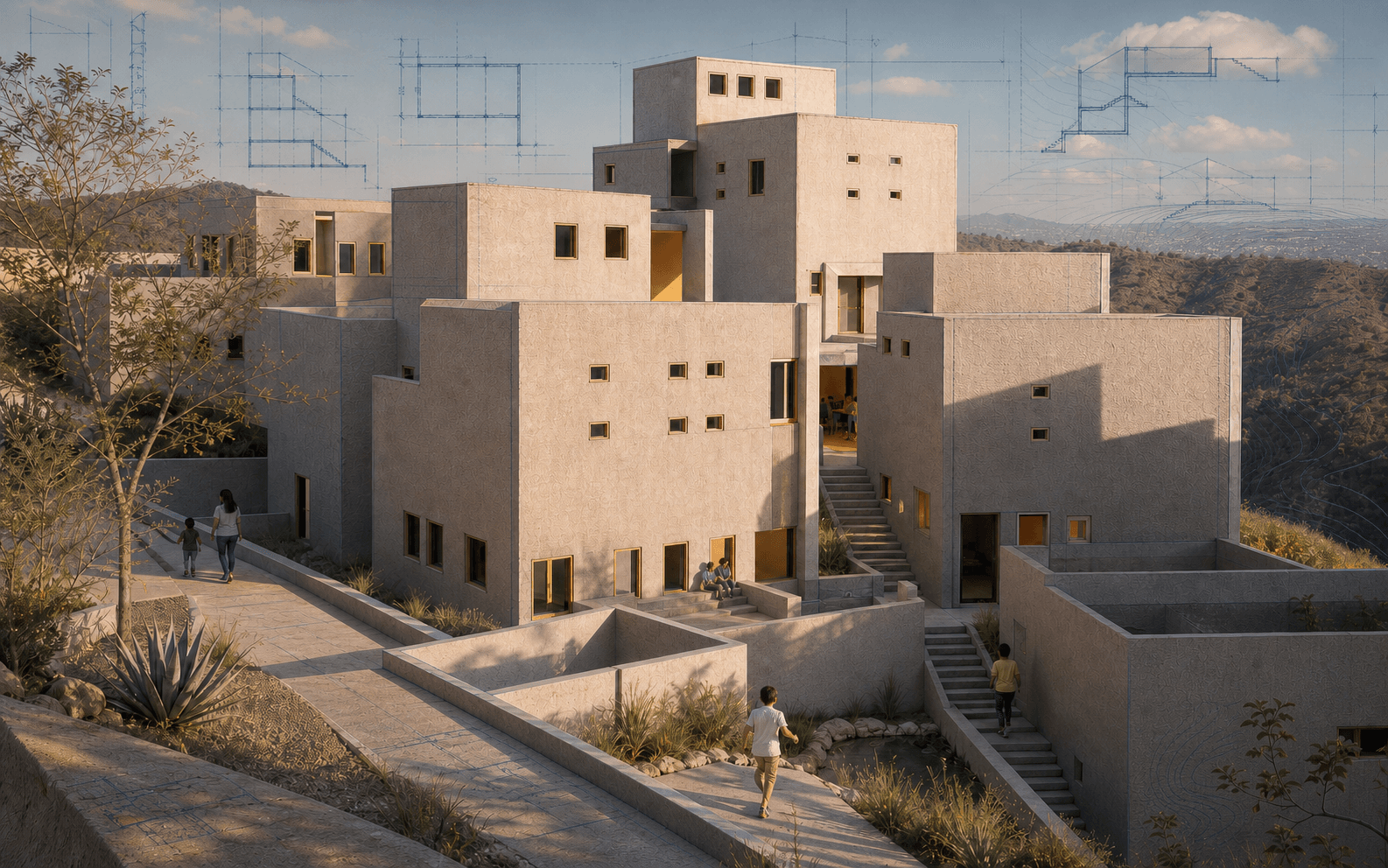 Horizon Ranch Orphanage in Guadalajara, with its stepped hillside campus and architectural blueprint details