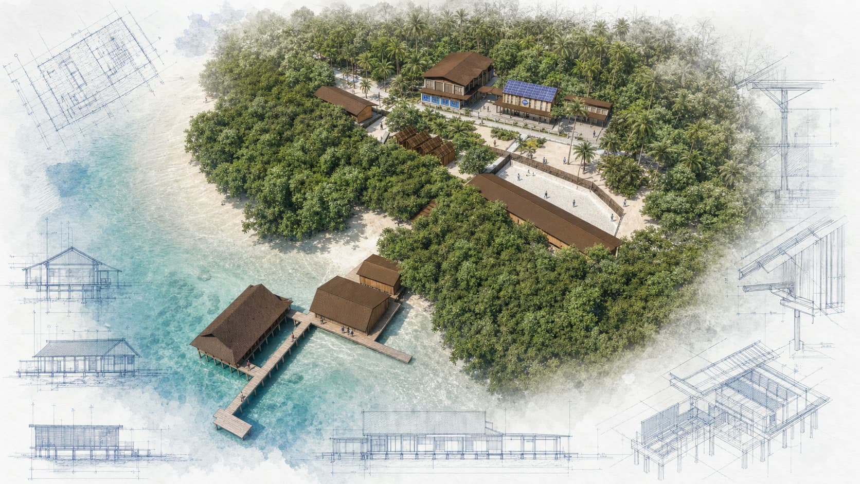 Blue Ocean Primary School architectural visualization with watercolor and blueprint details