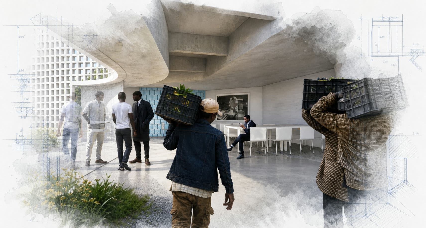 Dairy Education Center architectural visualization with watercolor and blueprint details