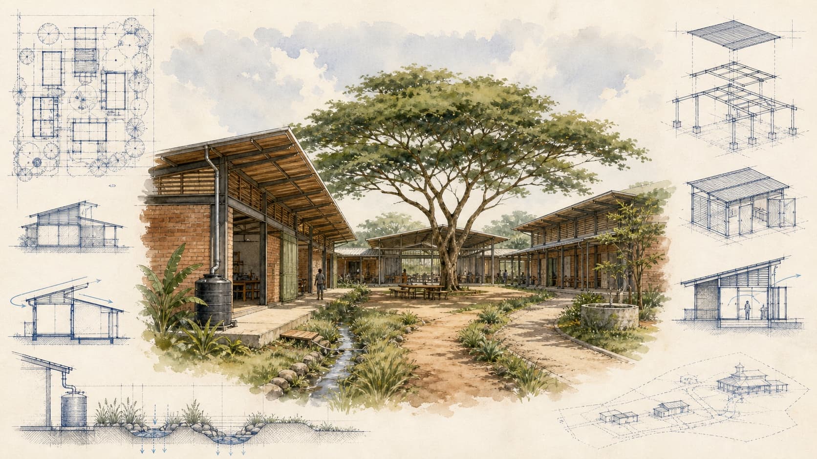 Eco Industrial Park architectural visualization with watercolor and blueprint details