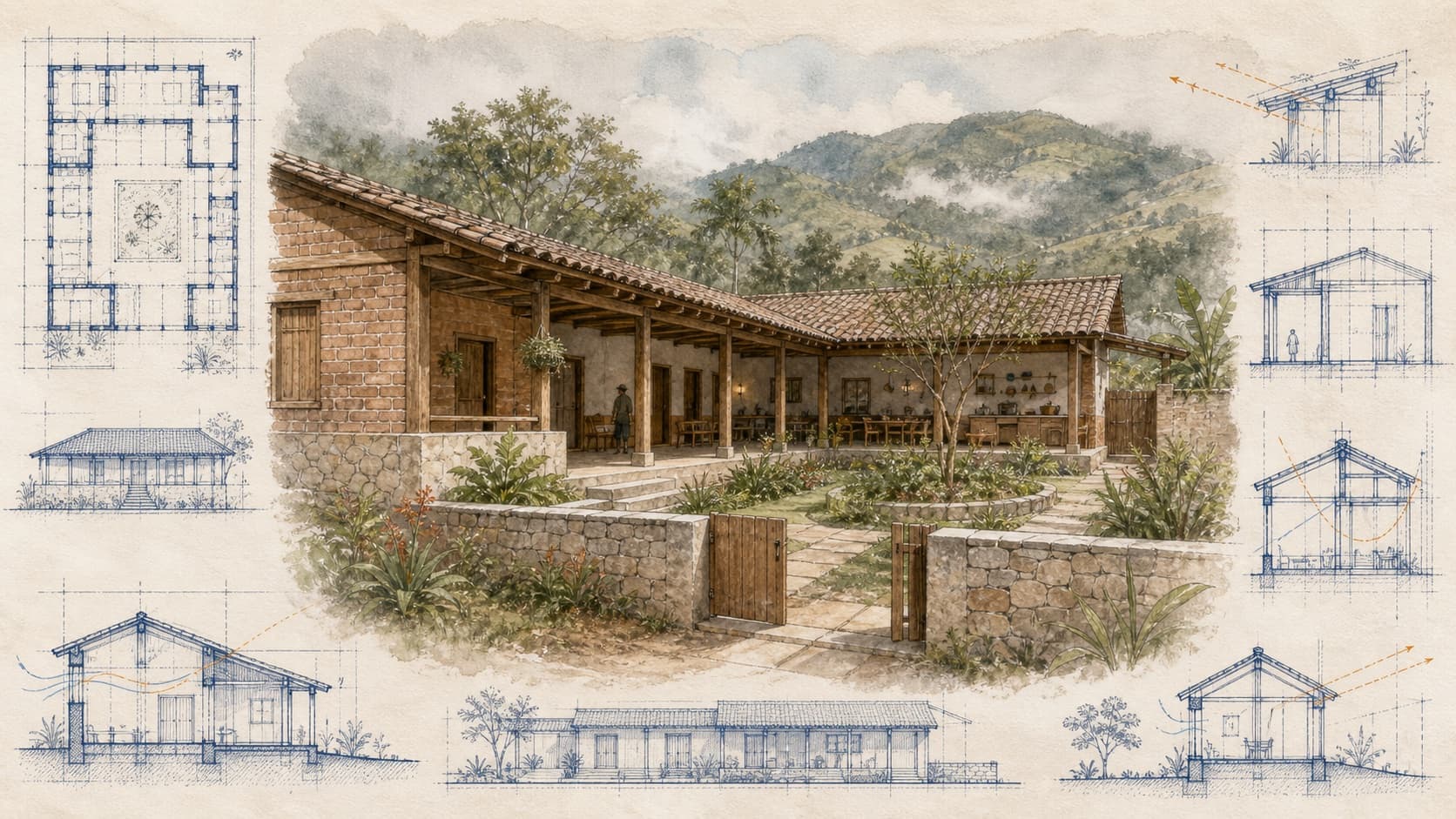 Ecuador Orphan Home architectural visualization with watercolor and blueprint details