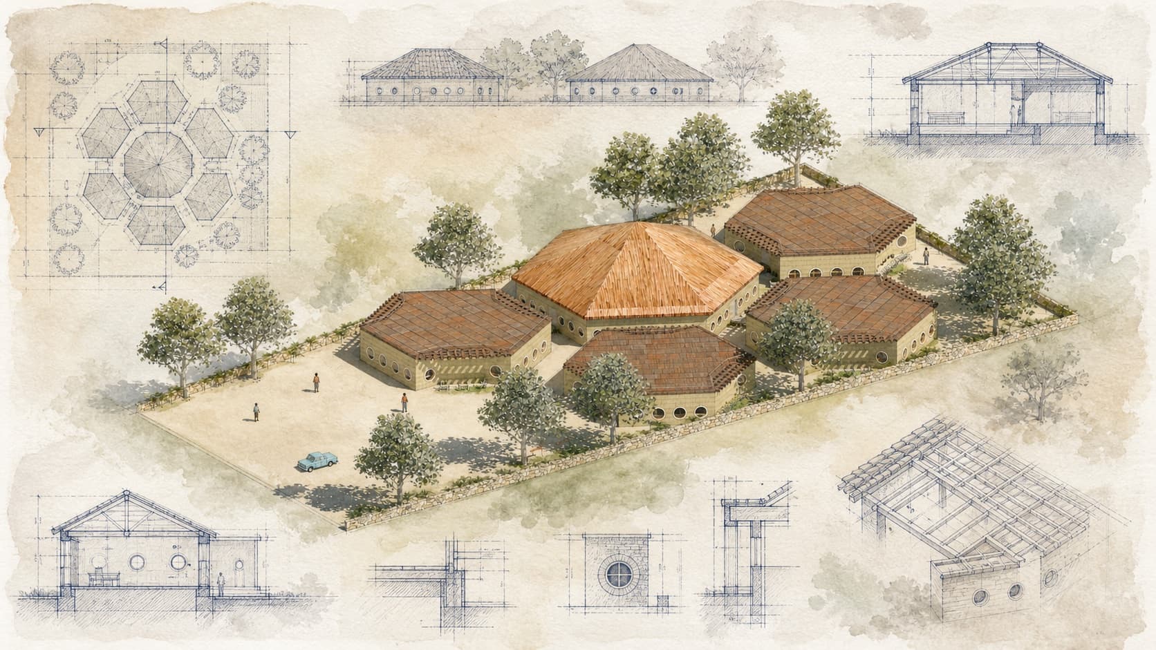 Hope for Africa Disabled and Orphaned Vocational Training School architectural visualization with watercolor and blueprint details