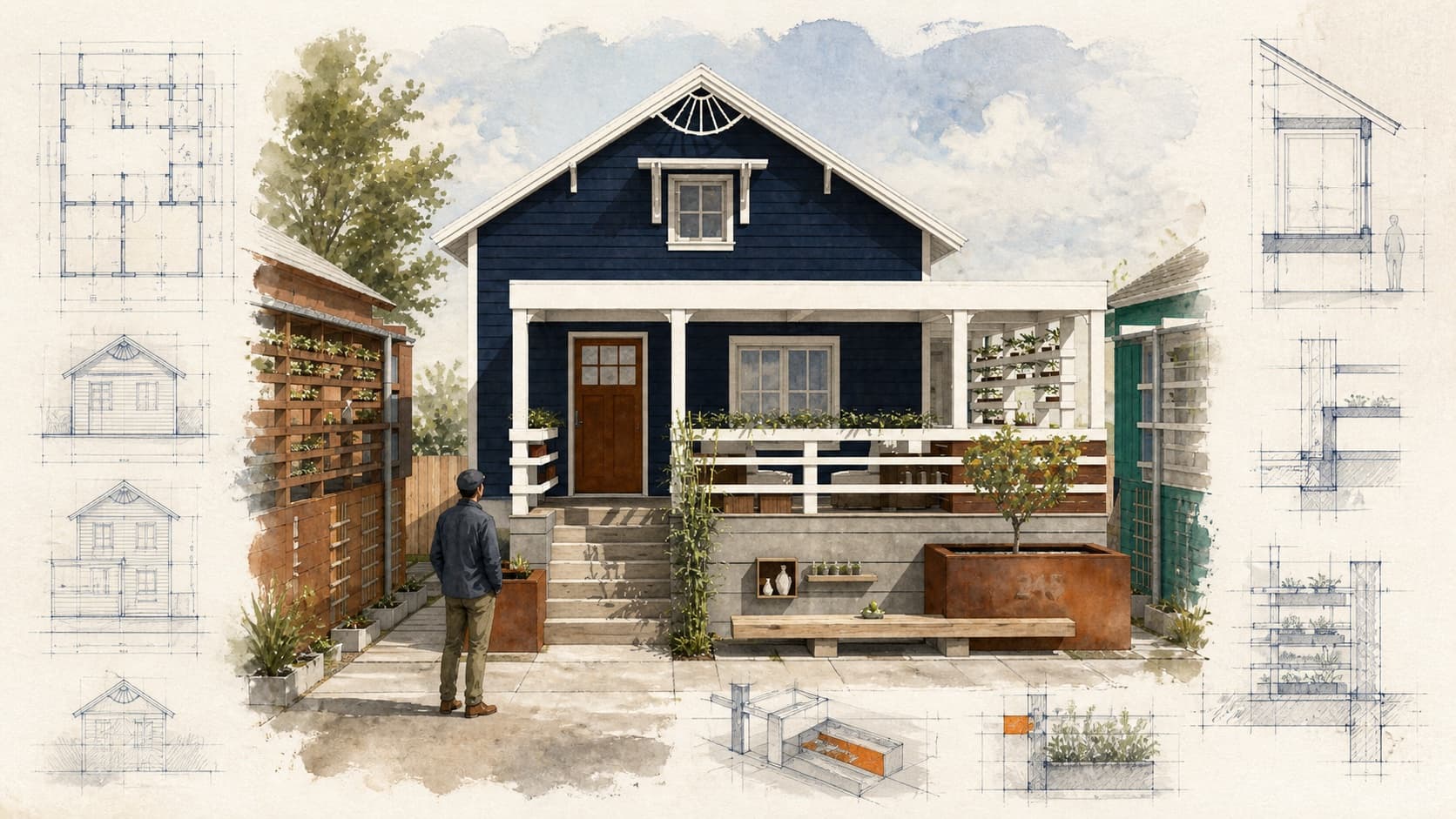 Jonestown Affordable Housing Prototype architectural visualization with watercolor and blueprint details