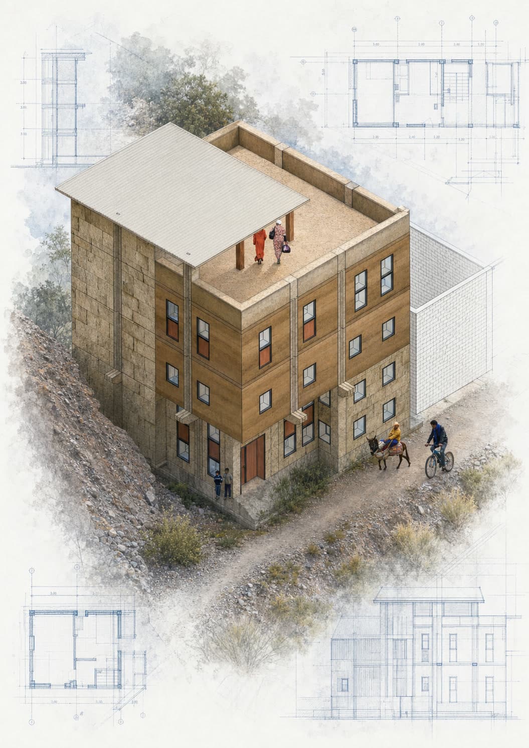 Junior Corps Africa Multipurpose Building architectural visualization with watercolor and blueprint details