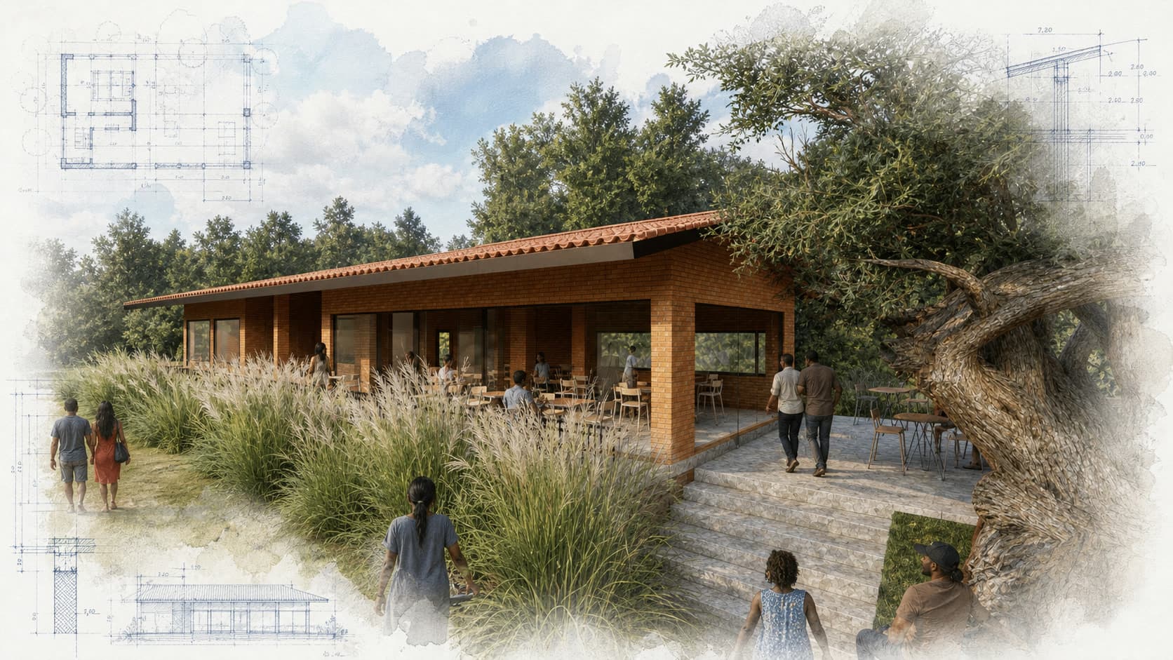 Kumbya Peninsula Revitalization architectural visualization with watercolor and blueprint details