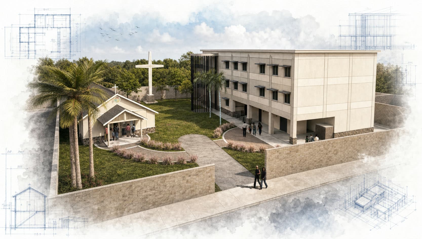New Beginnings Hope Center architectural visualization with watercolor and blueprint details