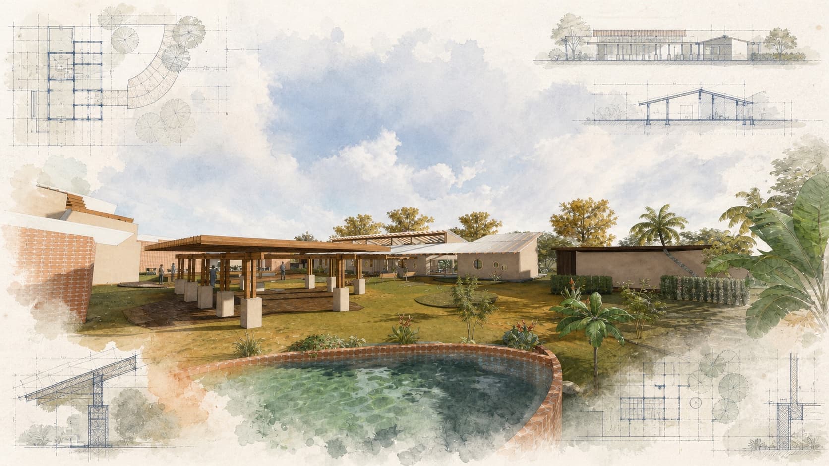 Nossa Escola da Terra architectural visualization with watercolor and blueprint details