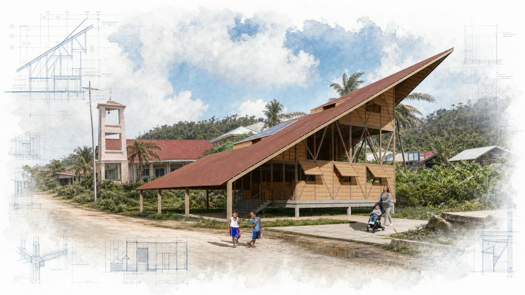 Rebuilding Siargao Competition architectural visualization with watercolor and blueprint details