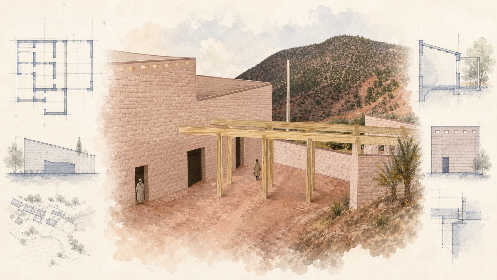 Rural Housing for Women and Children architectural visualization with watercolor and blueprint details