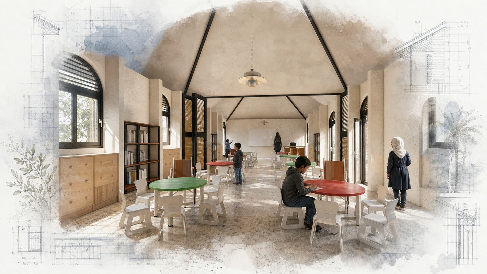 Schools for Palestine Competition architectural visualization with watercolor and blueprint details