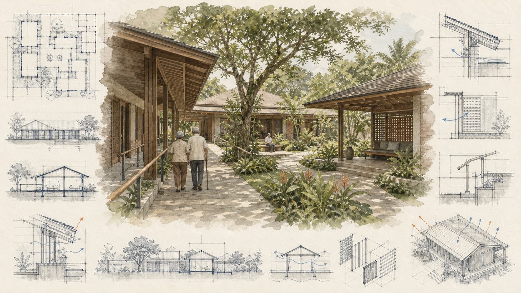 Senior Home Care architectural visualization with watercolor and blueprint details