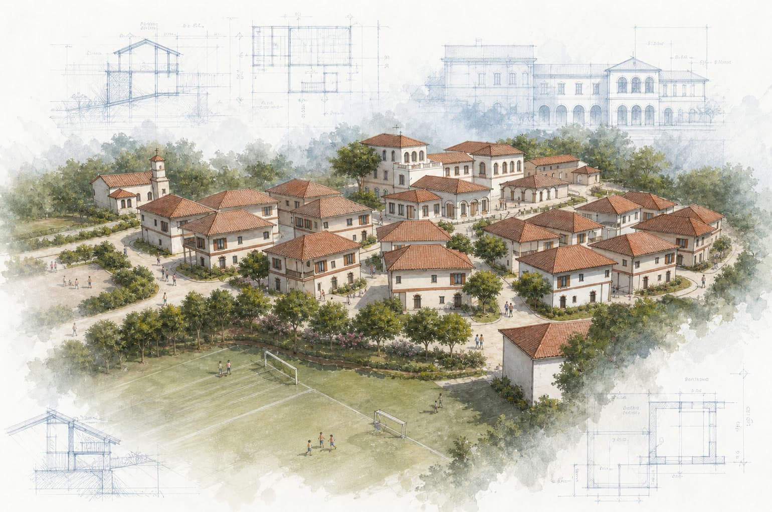 SOS Village School architectural visualization with watercolor and blueprint details