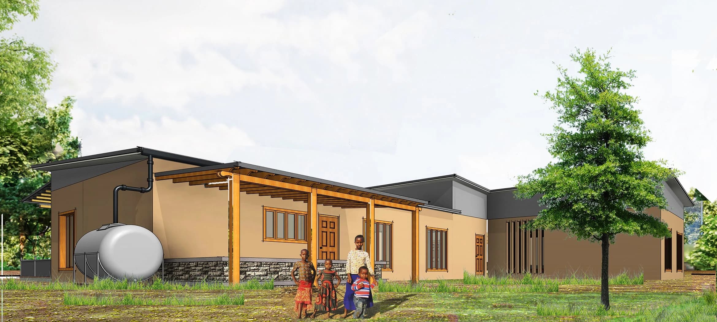 Architectural rendering of the proposed home's sheltered veranda and locally appropriate masonry walls