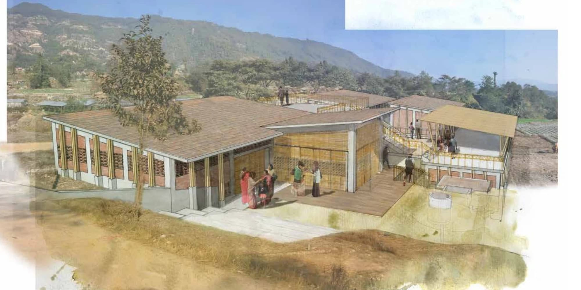Architectural rendering of the proposed Children’s Orphanage Home campus stepping down its hillside site near Kathmandu, with shaded courtyards and locally responsive roofs