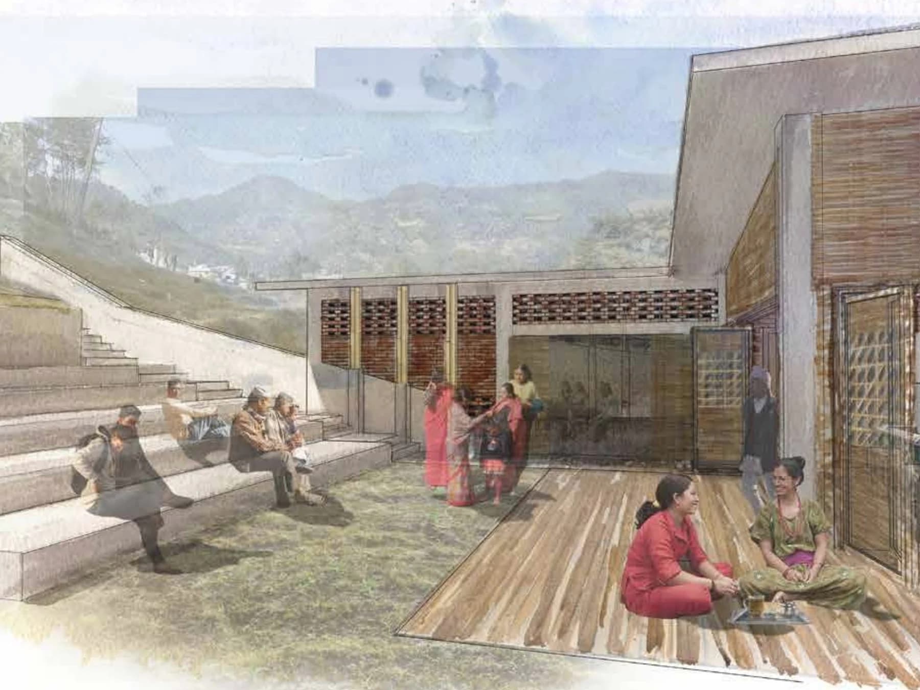 Architectural rendering of the proposed campus courtyard and amphitheater, connecting the training hall, kitchen, and shared outdoor gathering space