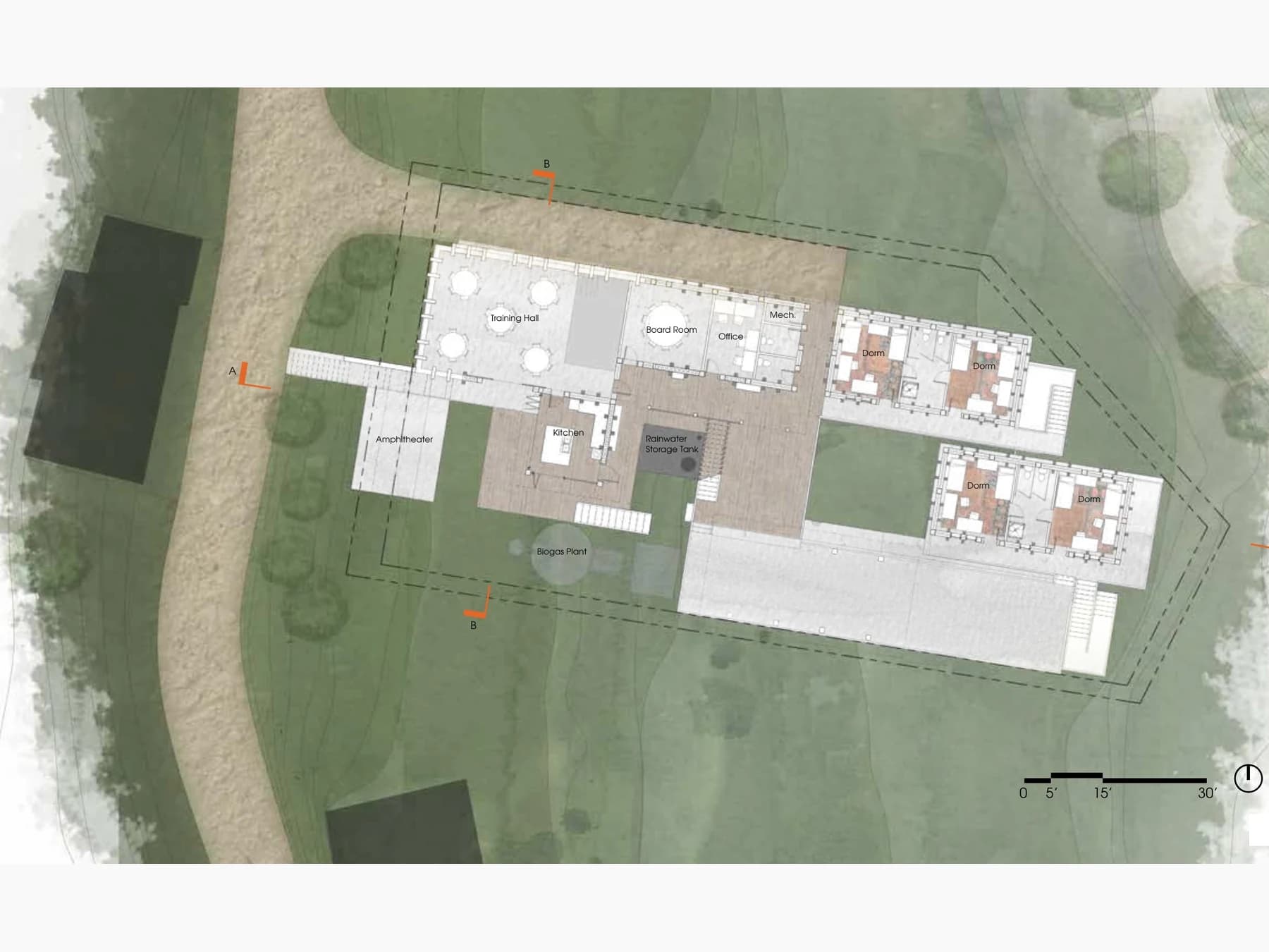 Plan for the proposed campus, organizing the training hall, kitchen, offices, dormitories, rainwater storage, biogas plant, and aquaponics garden along the slope