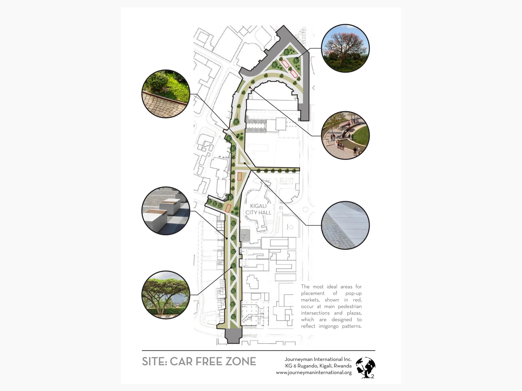 Site strategy for placing the temporary CHOGM marketplace kiosks at pedestrian intersections and plazas along Kigali's car-free zone