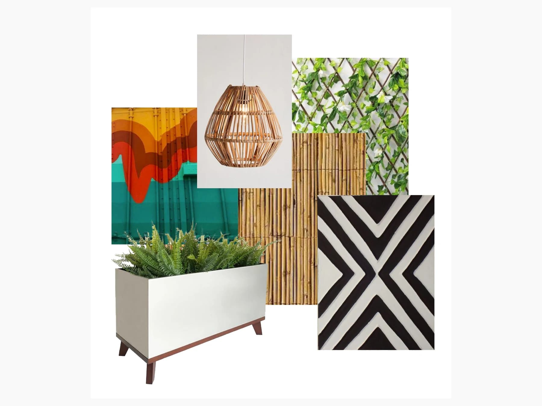 Design palette combining painted containers, bamboo, woven lighting, greenery, and Imigongo-inspired black-and-white patterns