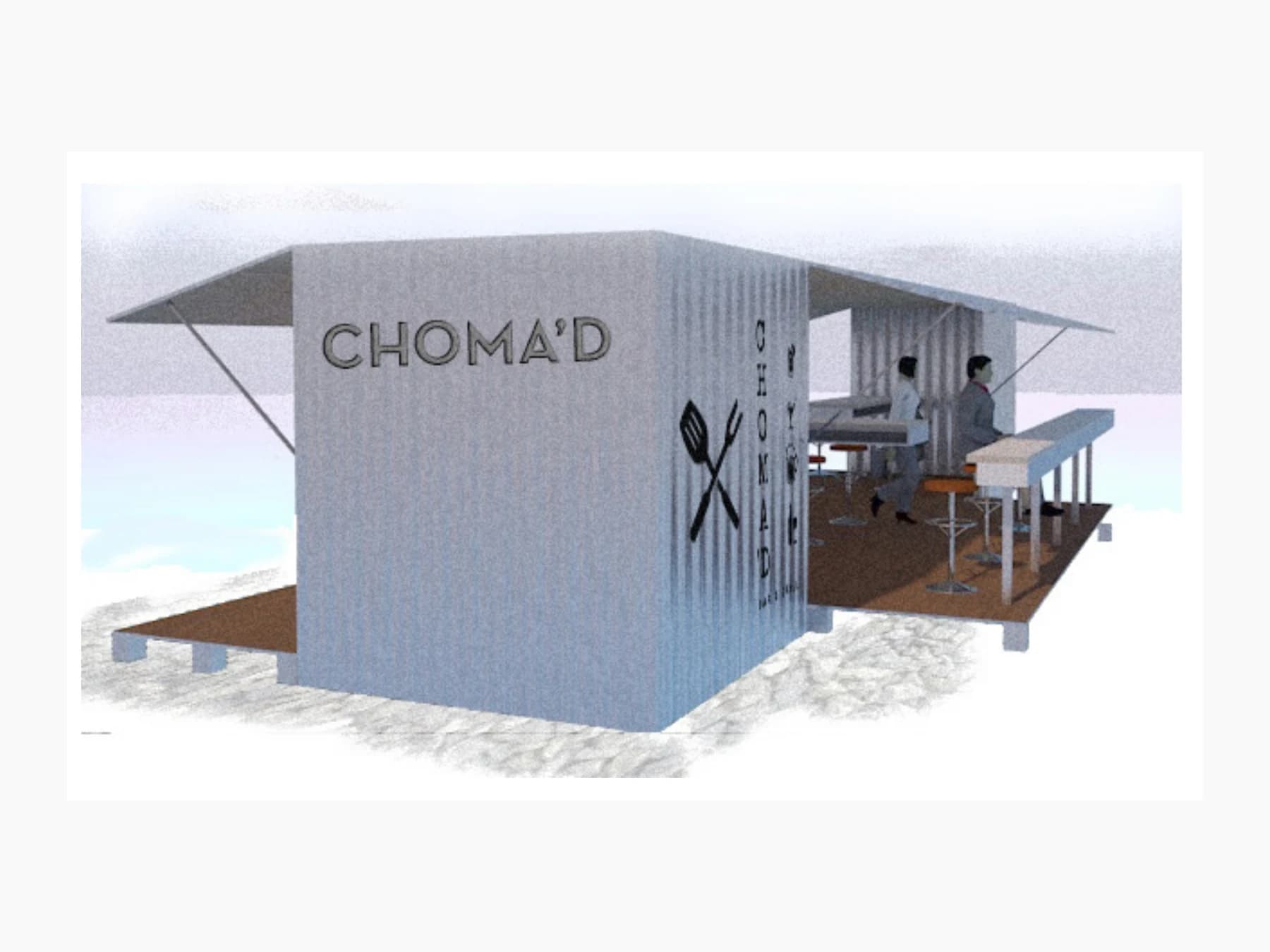 Architectural rendering of a proposed container restaurant kiosk with a broad shade canopy and open-air counter seating