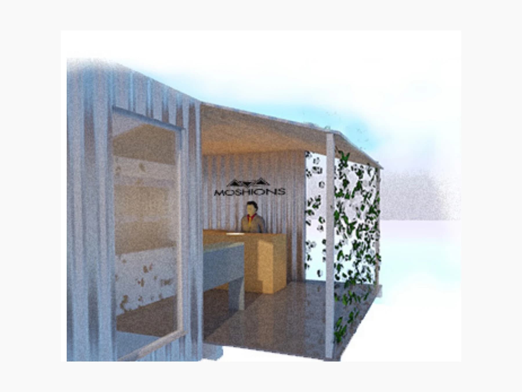 Architectural rendering of a proposed container retail kiosk with a fold-open storefront and planted screen
