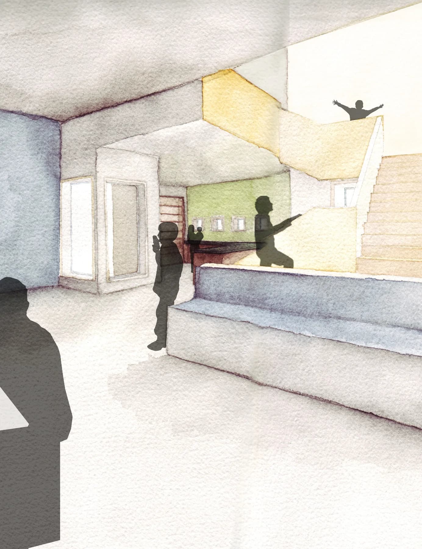 Interior study of a Horizon Ranch casa with child-scaled stairs and shared living space