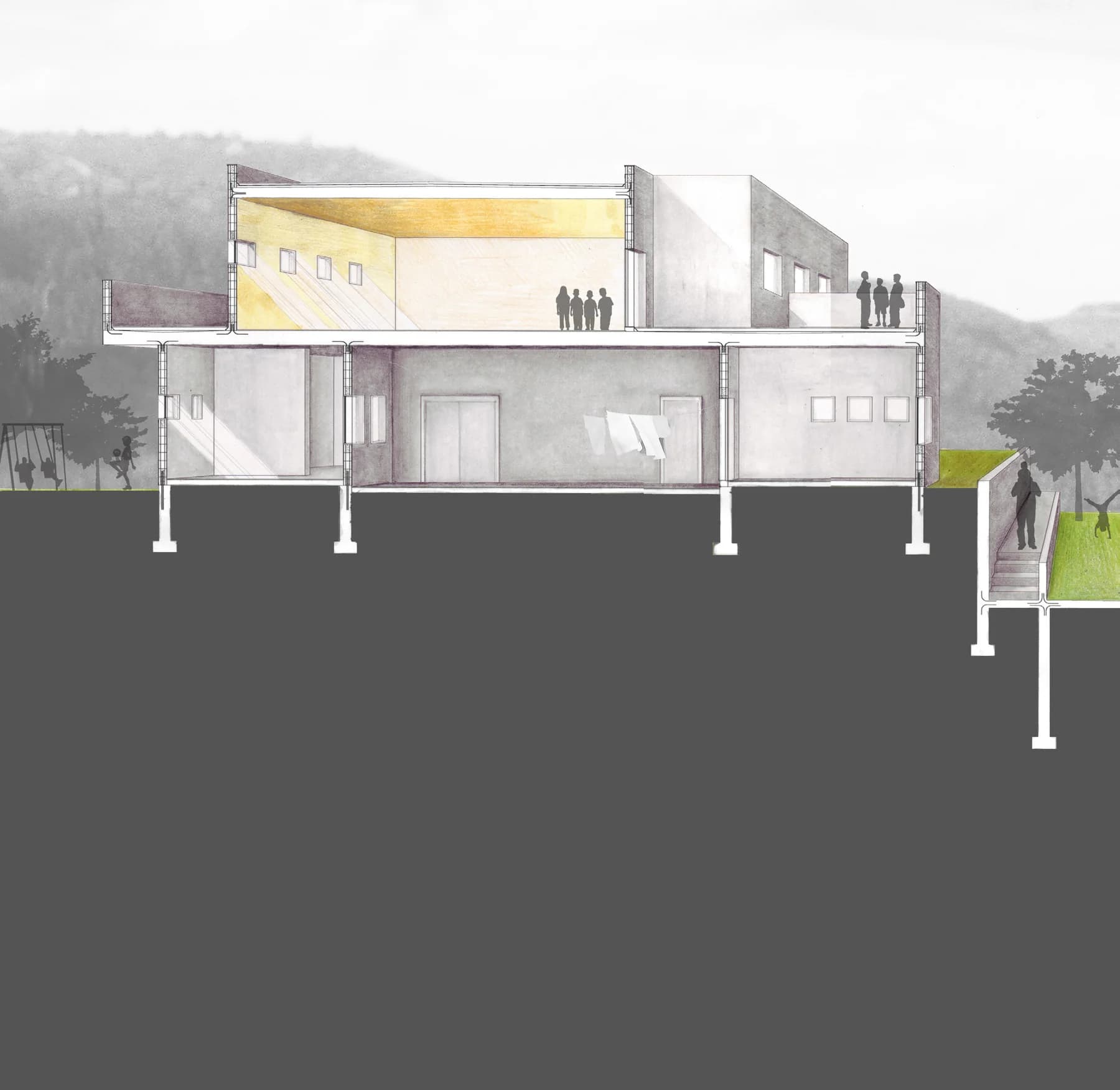 Architectural section through a Horizon Ranch casa showing rooms, terraces, and the steep hillside
