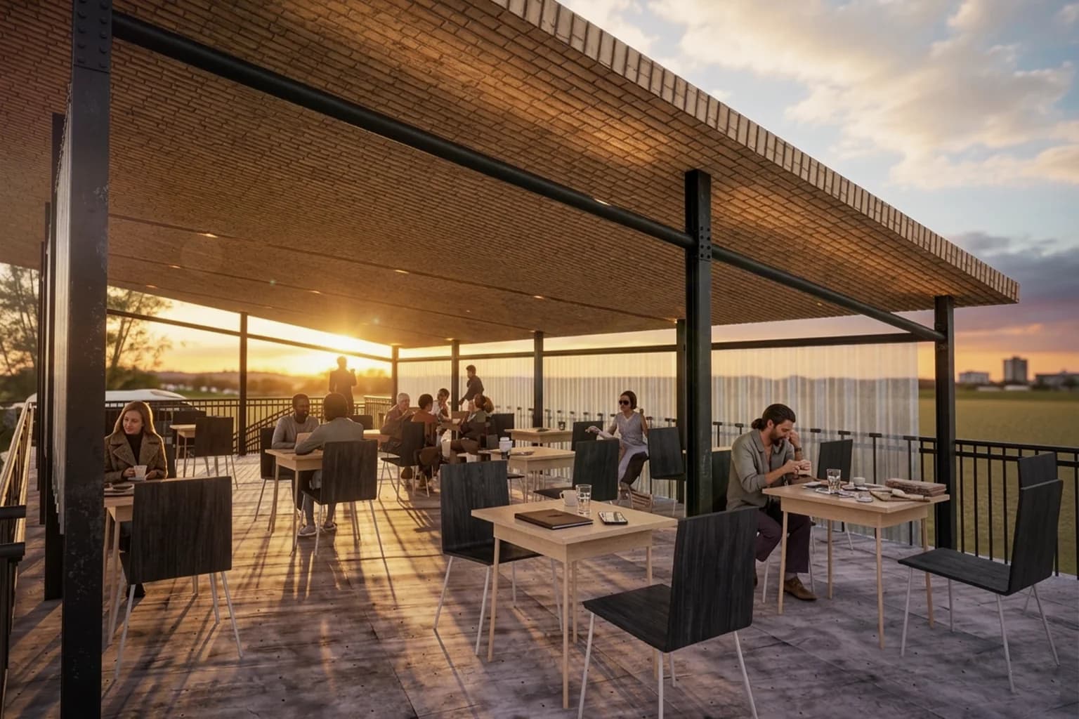 Evening rendering of Kofi Noir's shaded terrace and rooftop gathering space