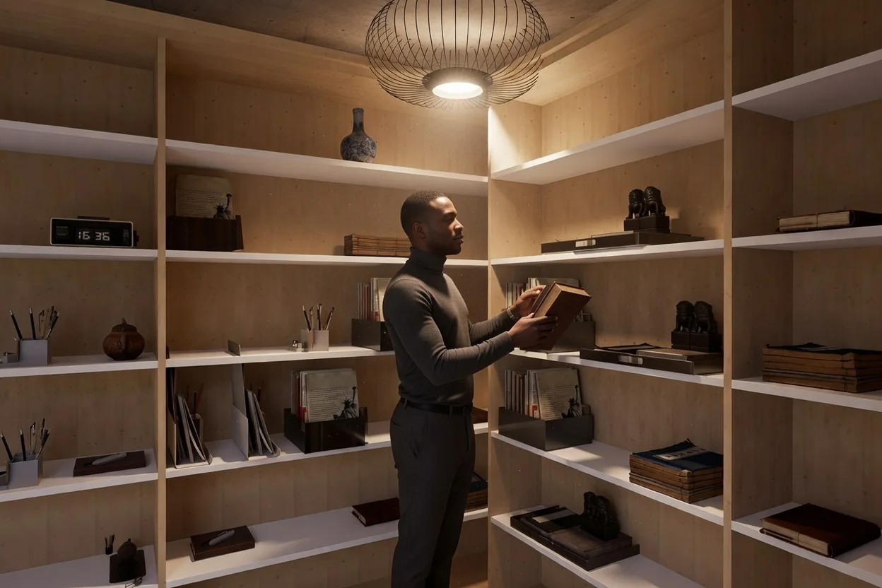 Rendering of Kofi Noir's compact library and coworking interior