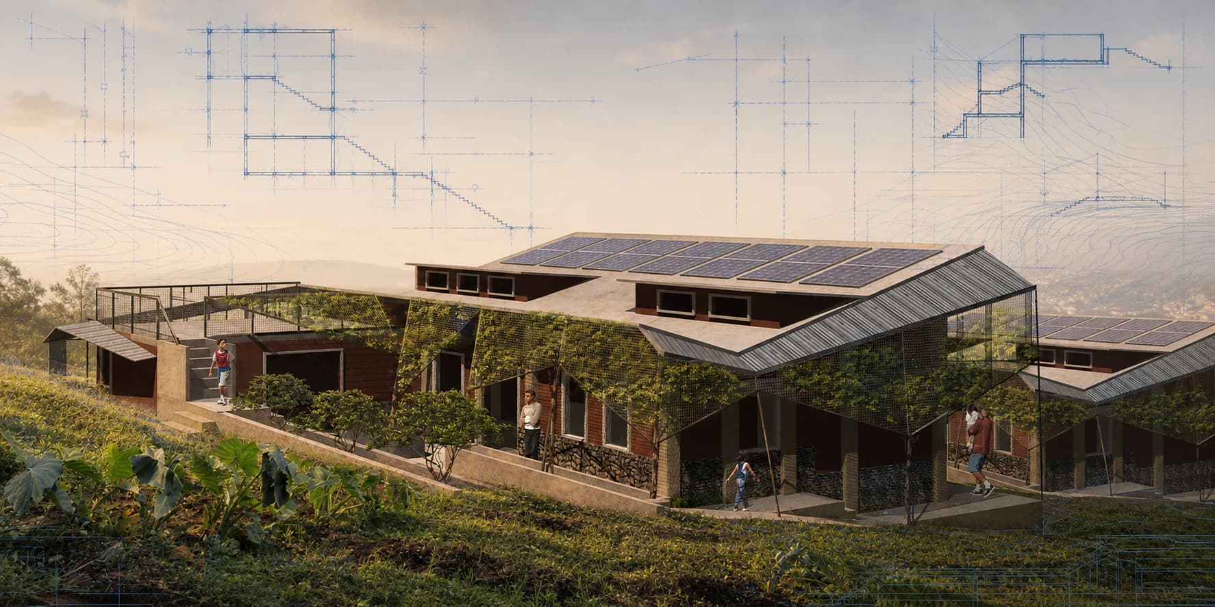 Ofelen Lakay Orphanage in Port-au-Prince, with its planted hillside campus and architectural blueprint details