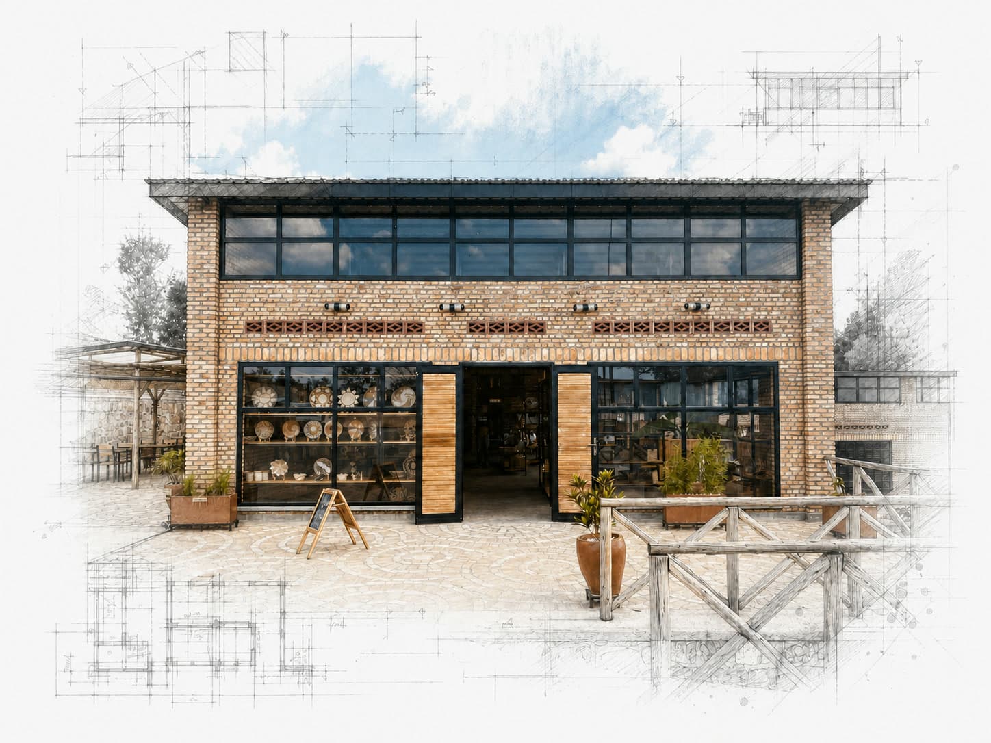 Azizi Life Cultural Center in Ruhango, blending the completed brick building with architectural sketches