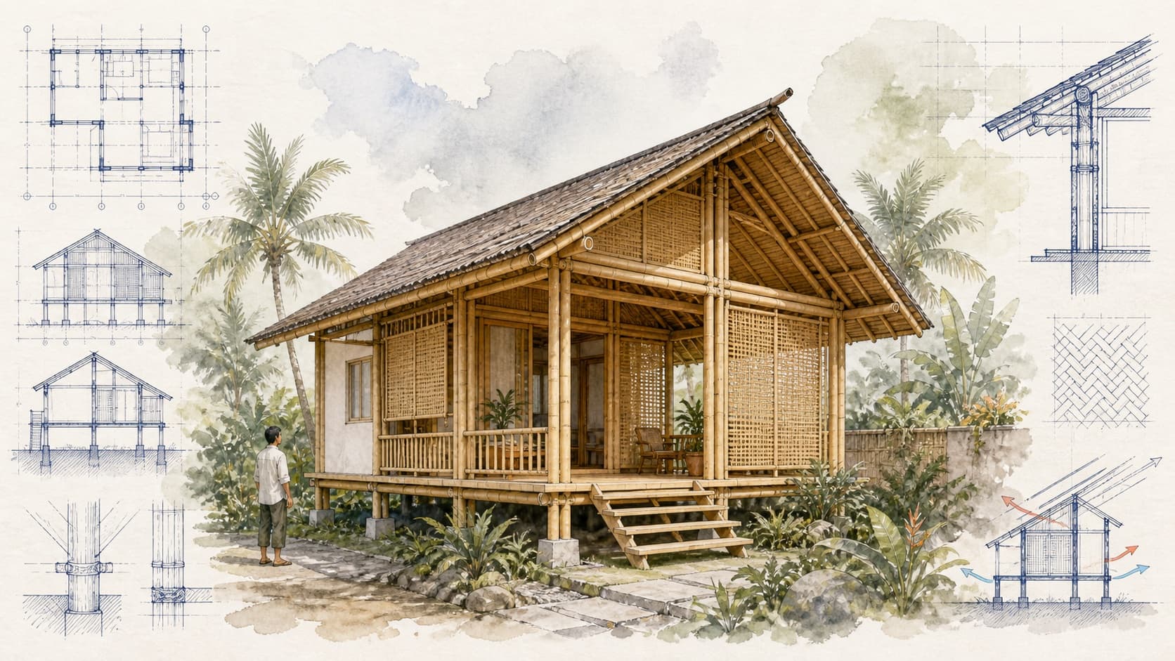 Affordable Bamboo AR House architectural visualization with watercolor and blueprint details
