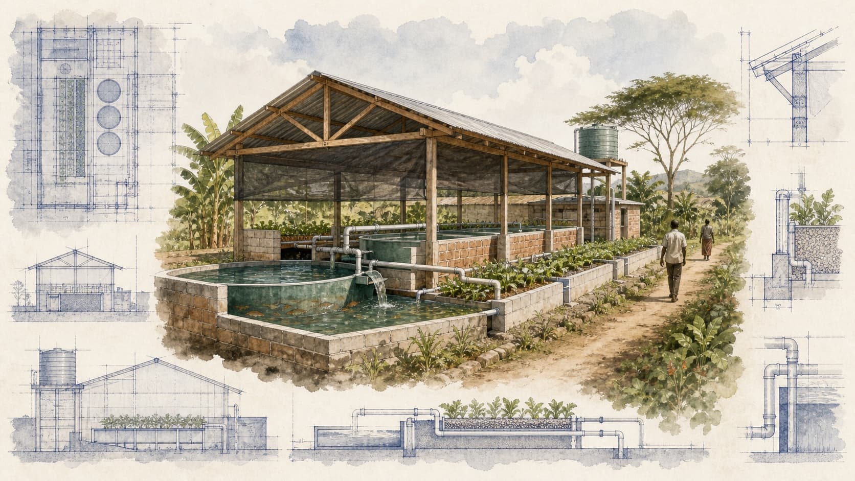 Africa Malaika Aquaponics architectural visualization with watercolor and blueprint details