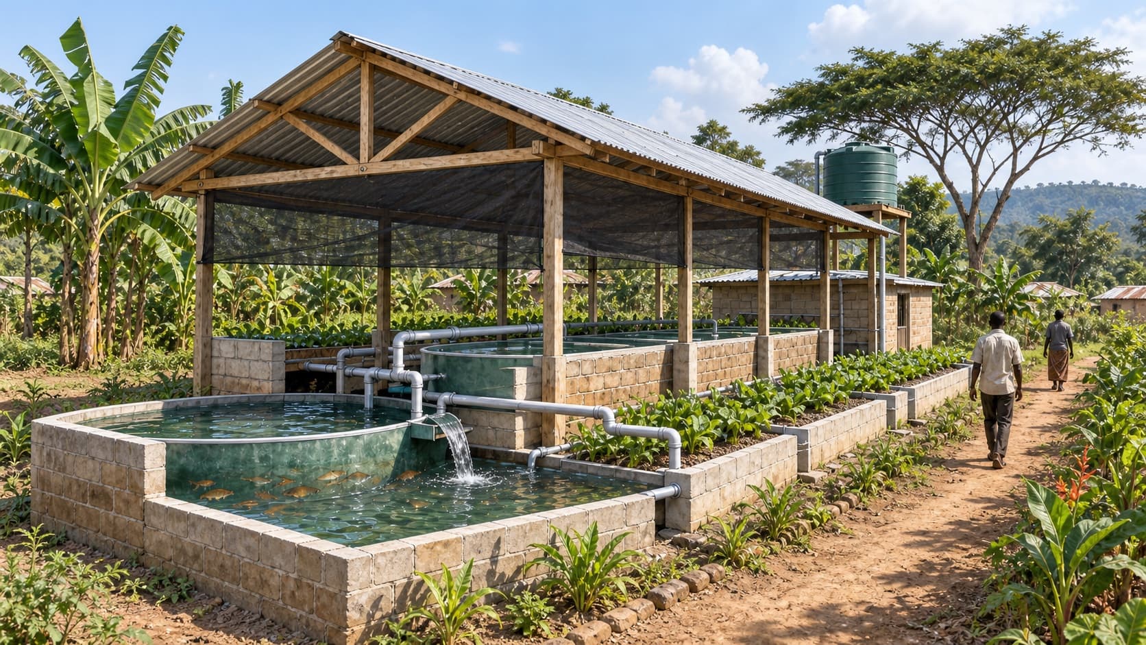 Africa Malaika Aquaponics architectural visualization with watercolor and blueprint details