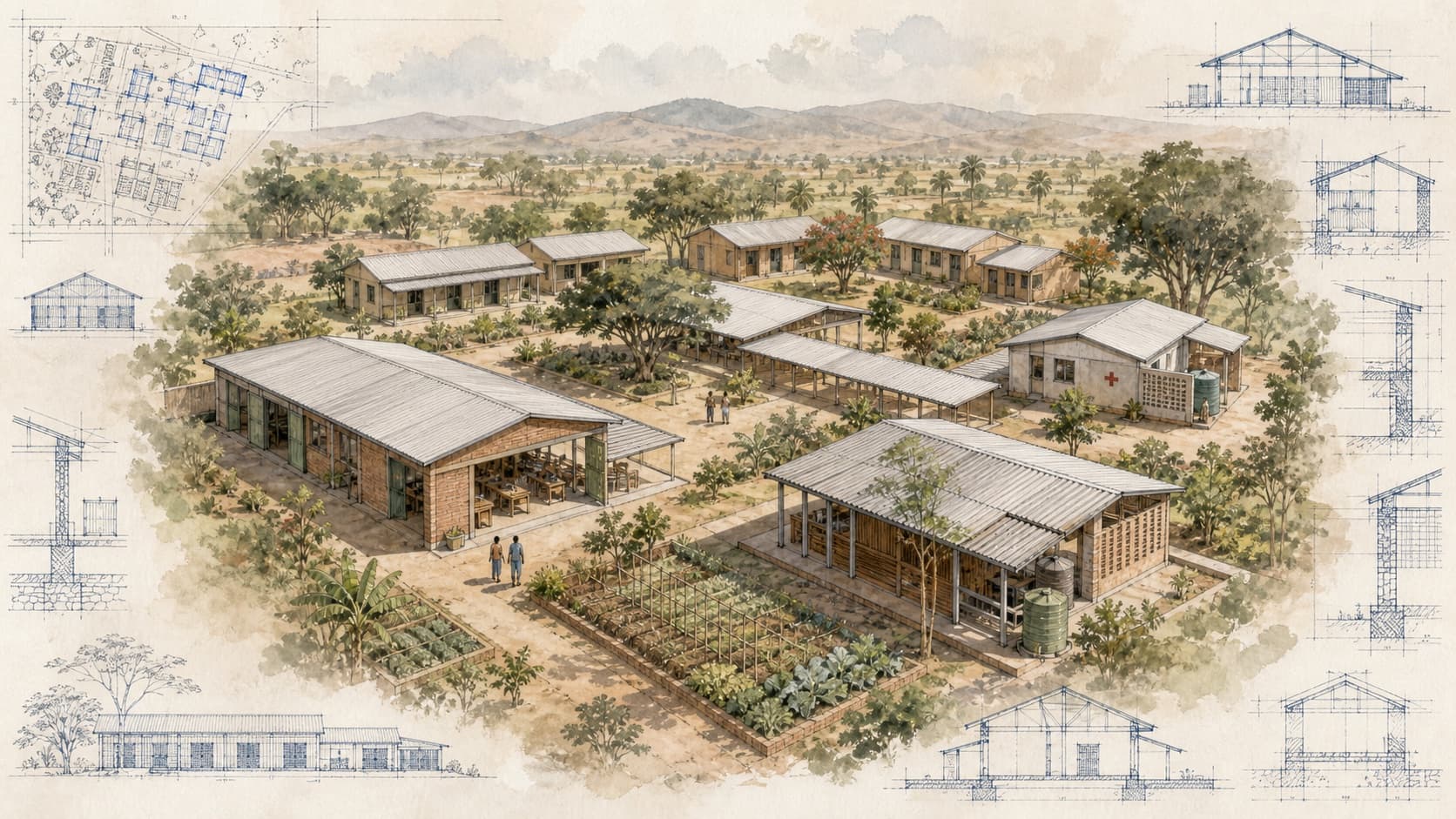 Child Legacy Vocational Masterplan architectural visualization with watercolor and blueprint details