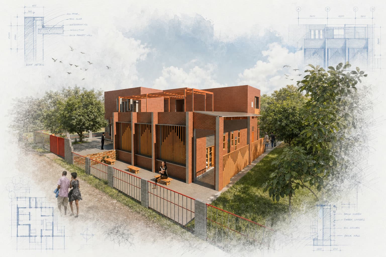 Dream Village Training Center architectural visualization with watercolor and blueprint details