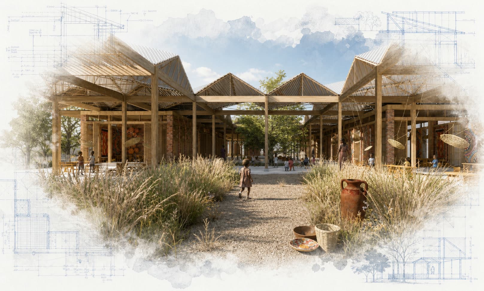 Ethiopian Satellite Preschools Competition architectural visualization with watercolor and blueprint details