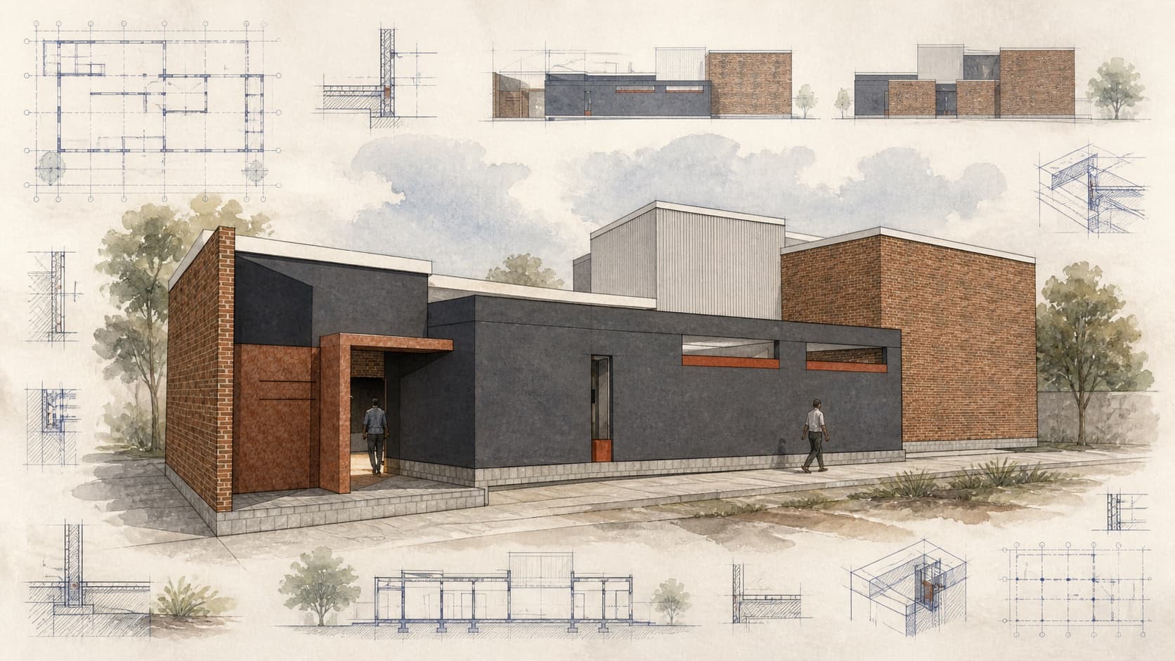 Film School Africa architectural visualization with watercolor and blueprint details