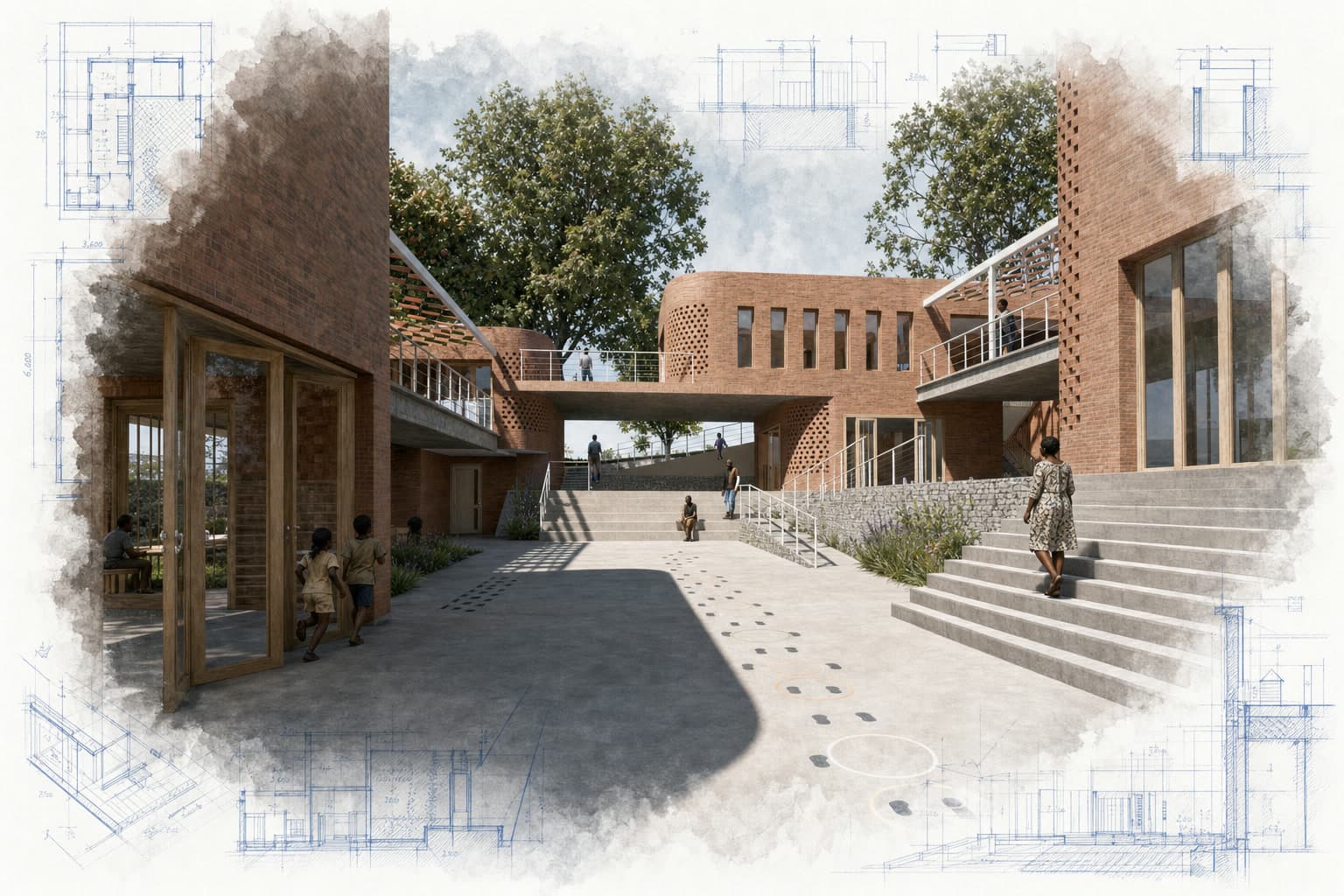 Gisimba Memorial Community Center New Campus architectural visualization with watercolor and blueprint details
