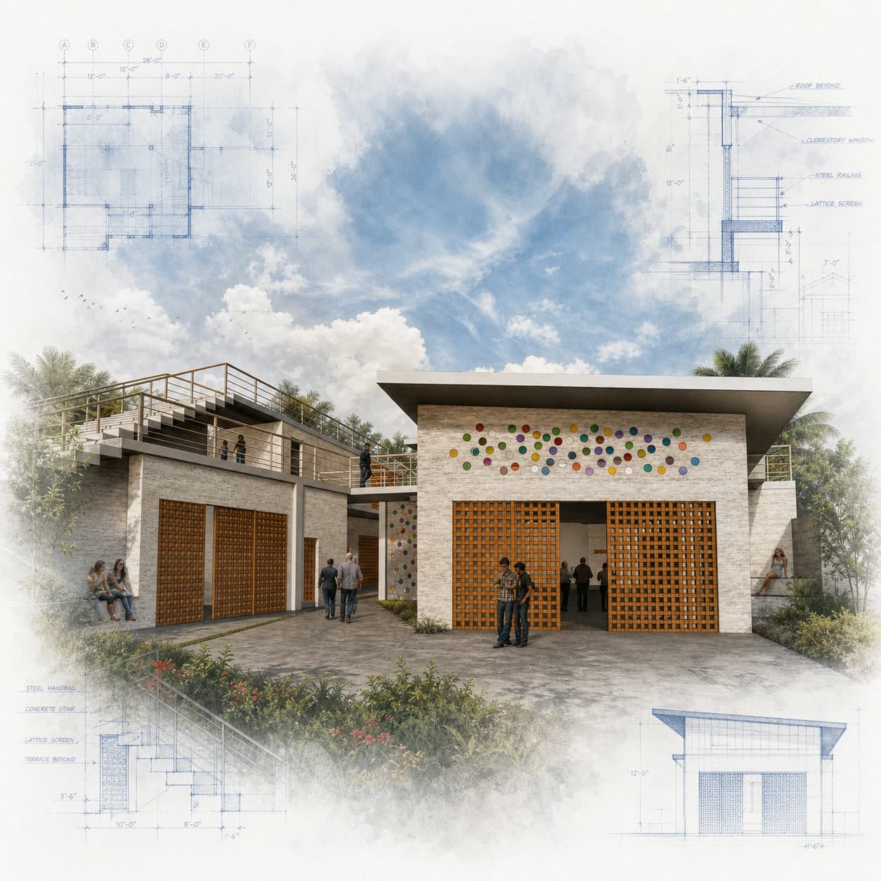 Heroes Church and Disaster Relief Center architectural visualization with watercolor and blueprint details