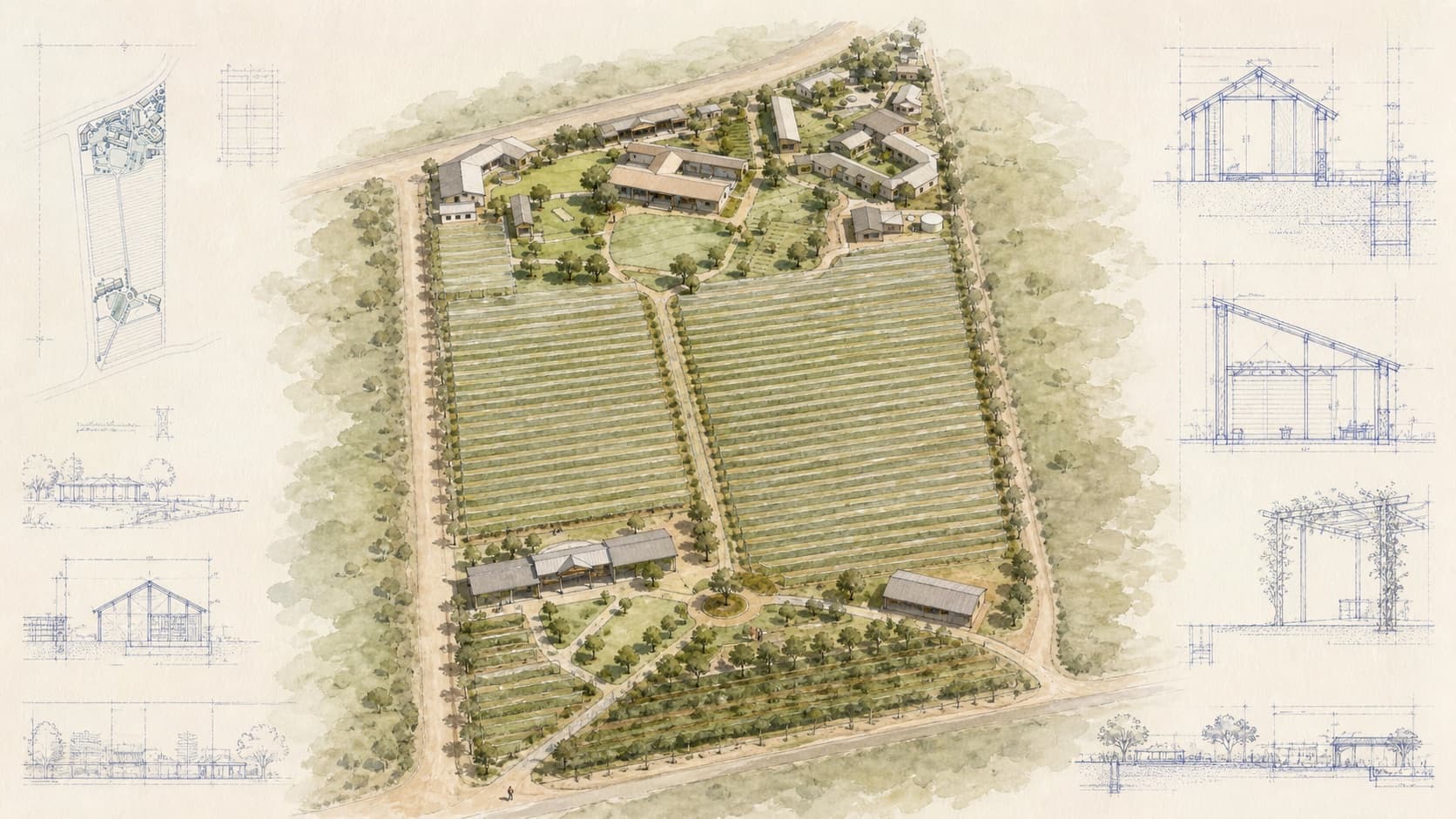 Hoogeind Villa Crop Protection architectural visualization with watercolor and blueprint details