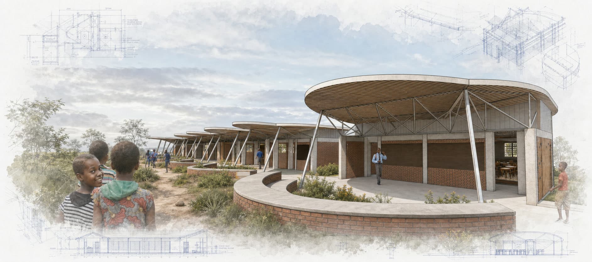 Inclusive Primary Boarding School for the Deaf architectural visualization with watercolor and blueprint details