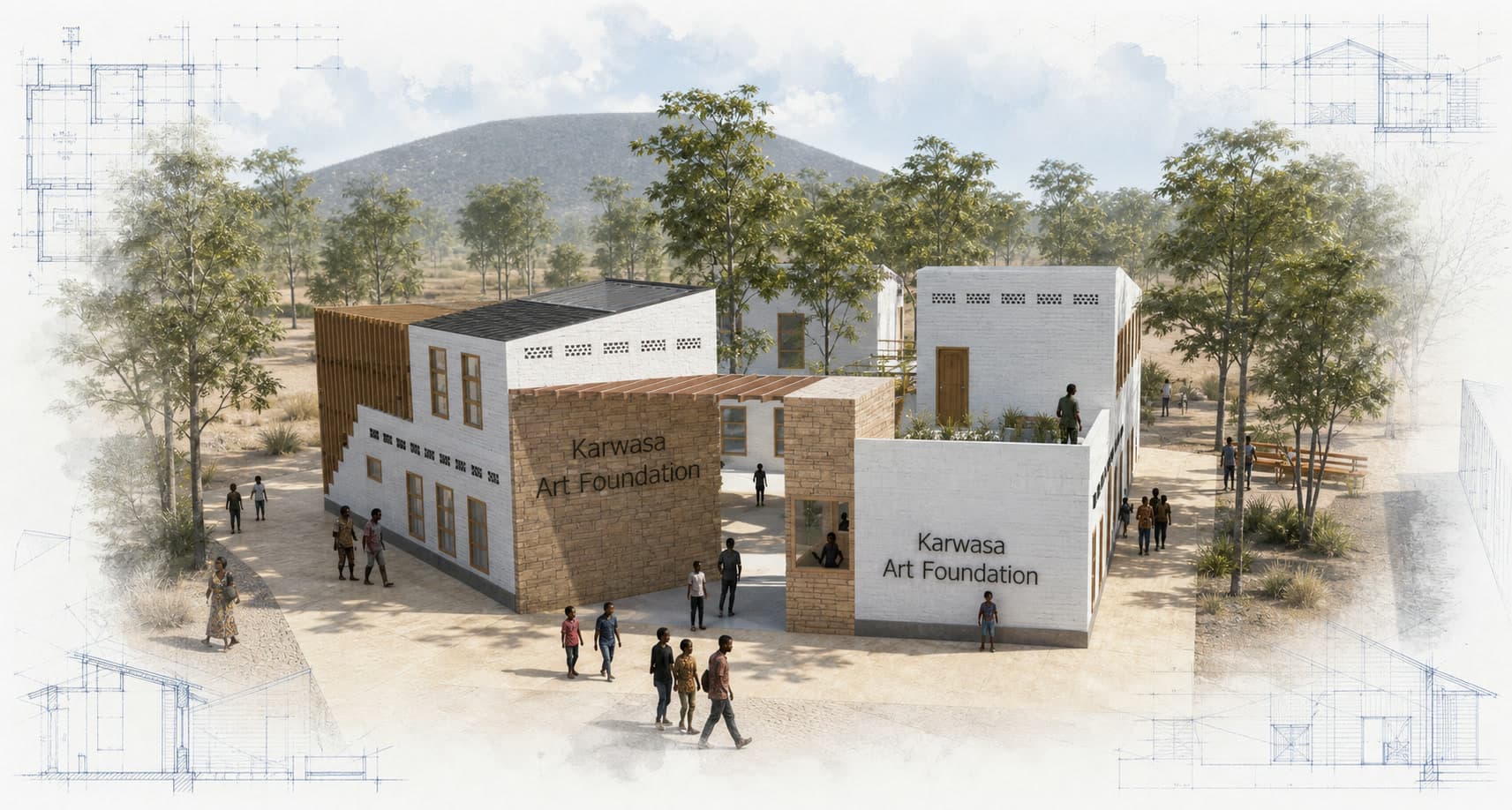 Karwasa Art Foundation architectural visualization with watercolor and blueprint details