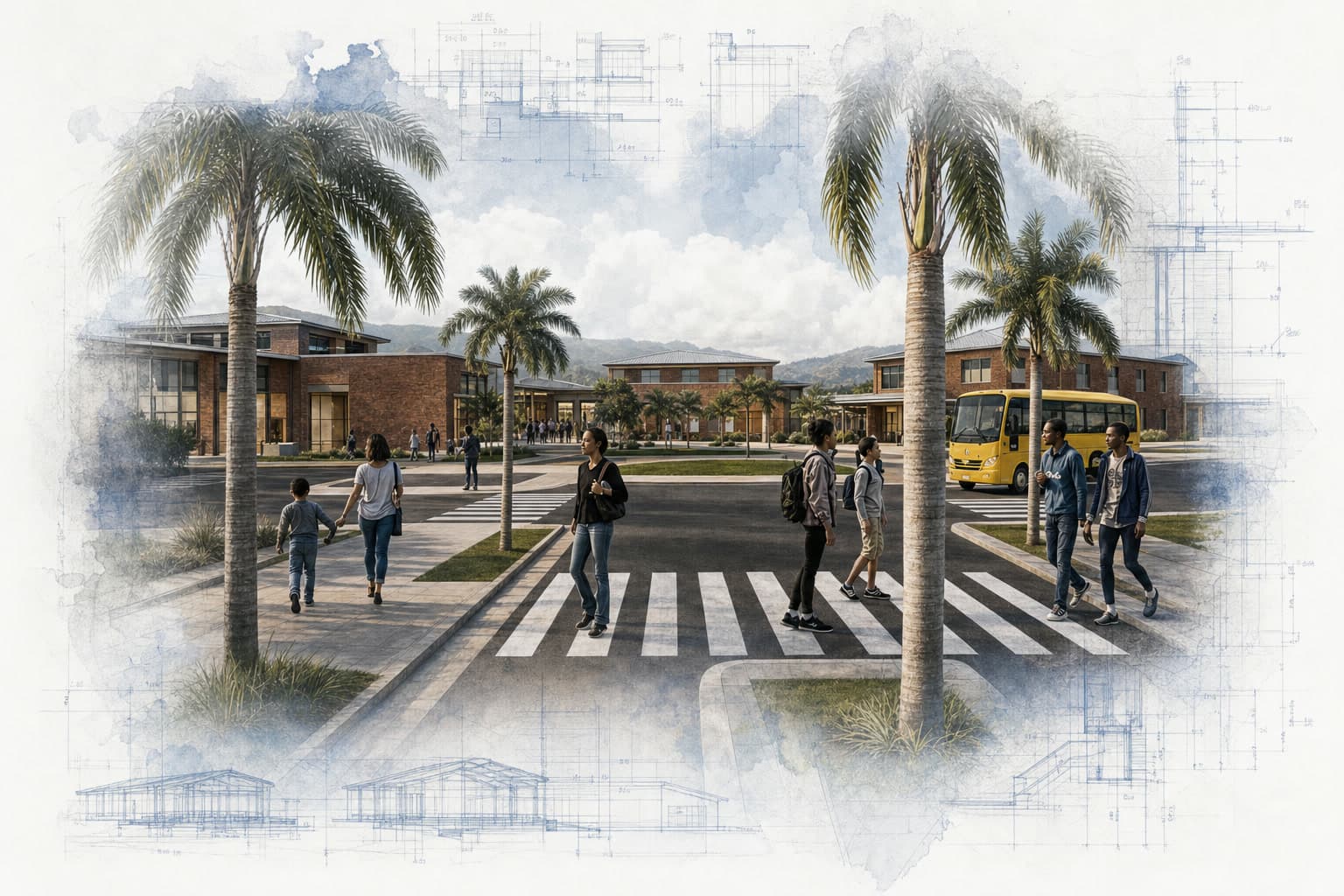 KICS Campus Master Plan architectural visualization with watercolor and blueprint details