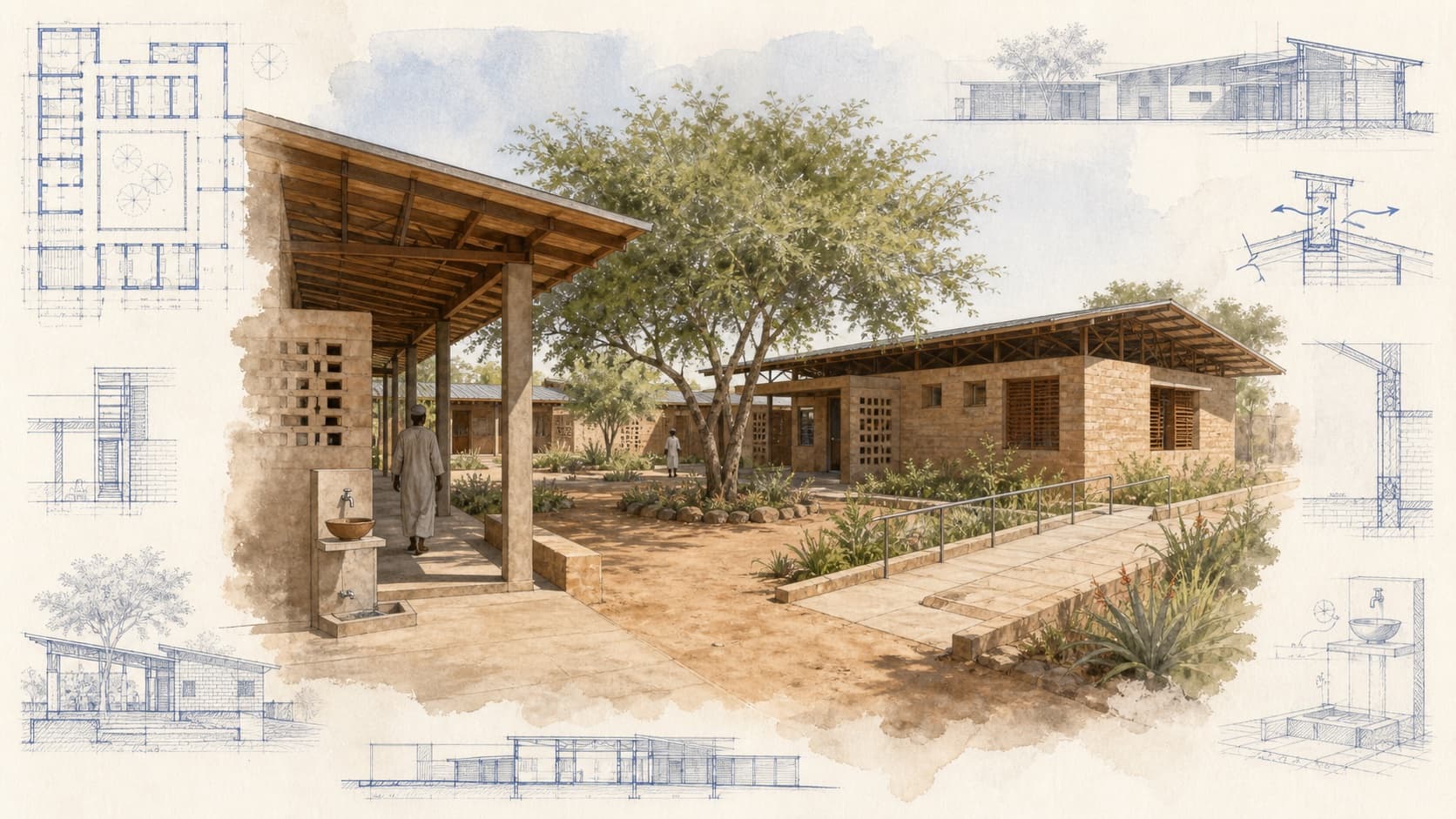 Mali Medical Center architectural visualization with watercolor and blueprint details