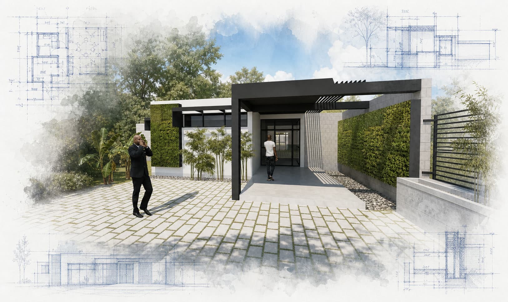 Margaret Emily Spencer Wellness Center architectural visualization with watercolor and blueprint details