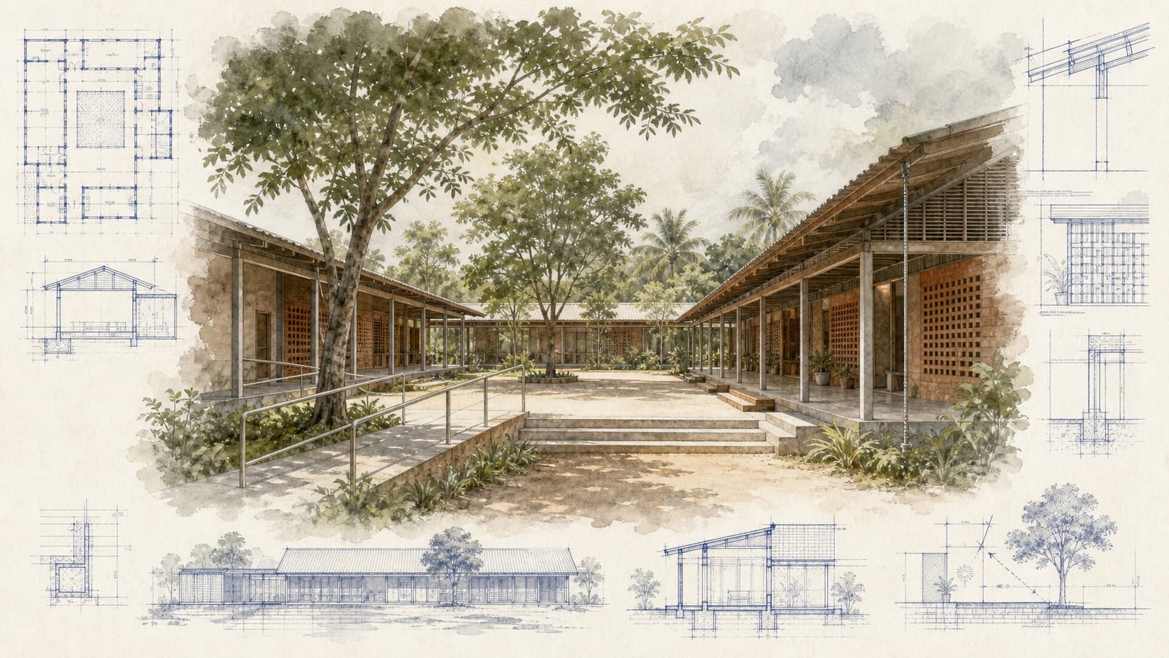 Mercy Ministries Primary School architectural visualization with watercolor and blueprint details
