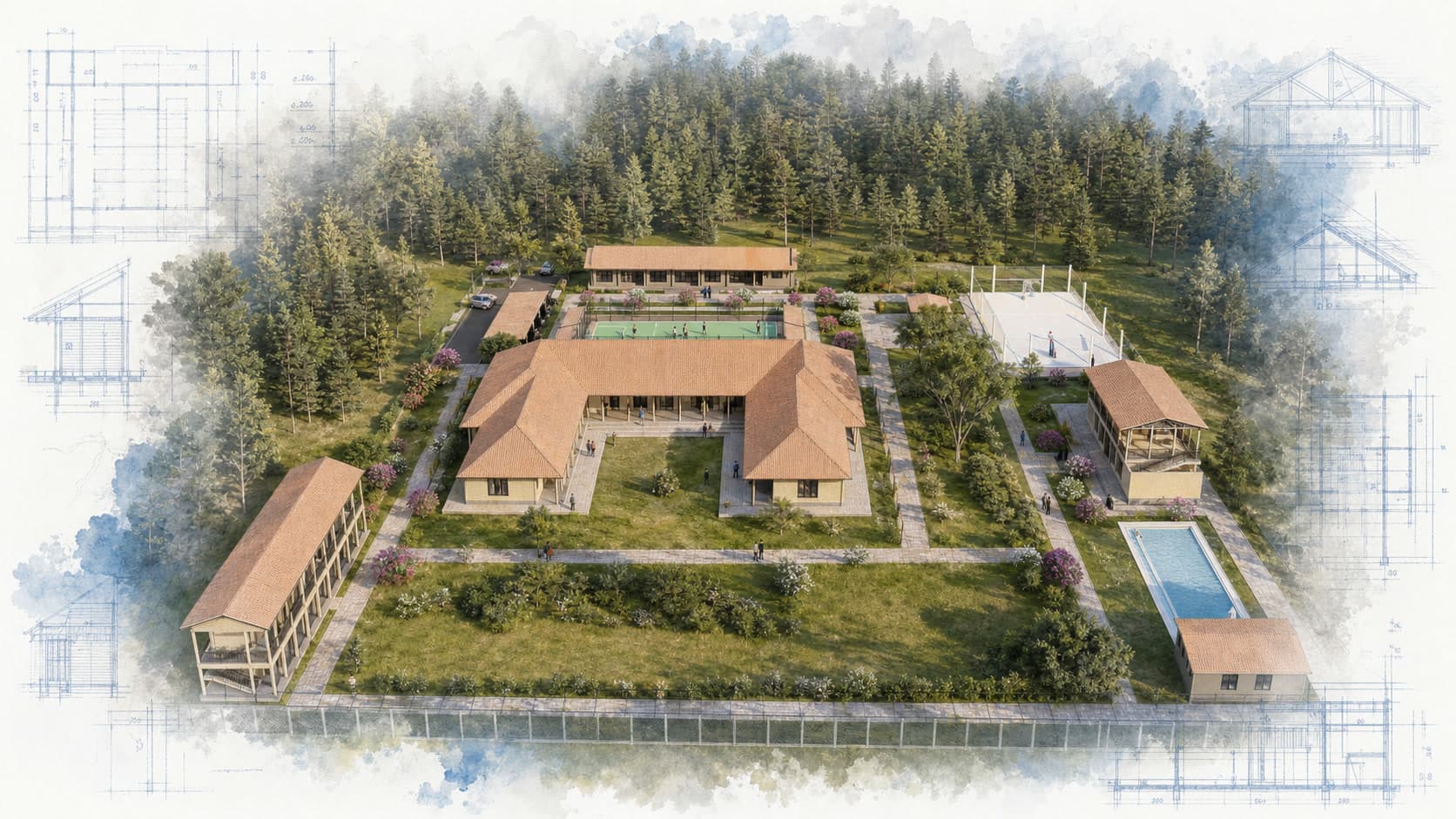 My Life Matters Center architectural visualization with watercolor and blueprint details