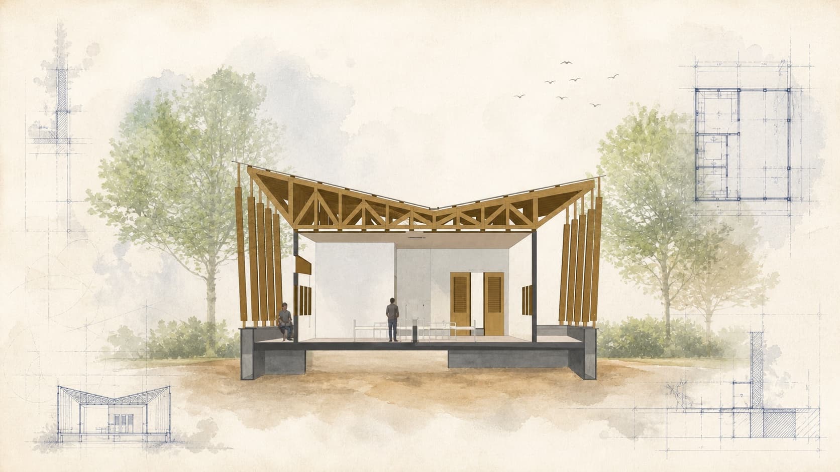 MyLIFESpeaks Hospital architectural visualization with watercolor and blueprint details