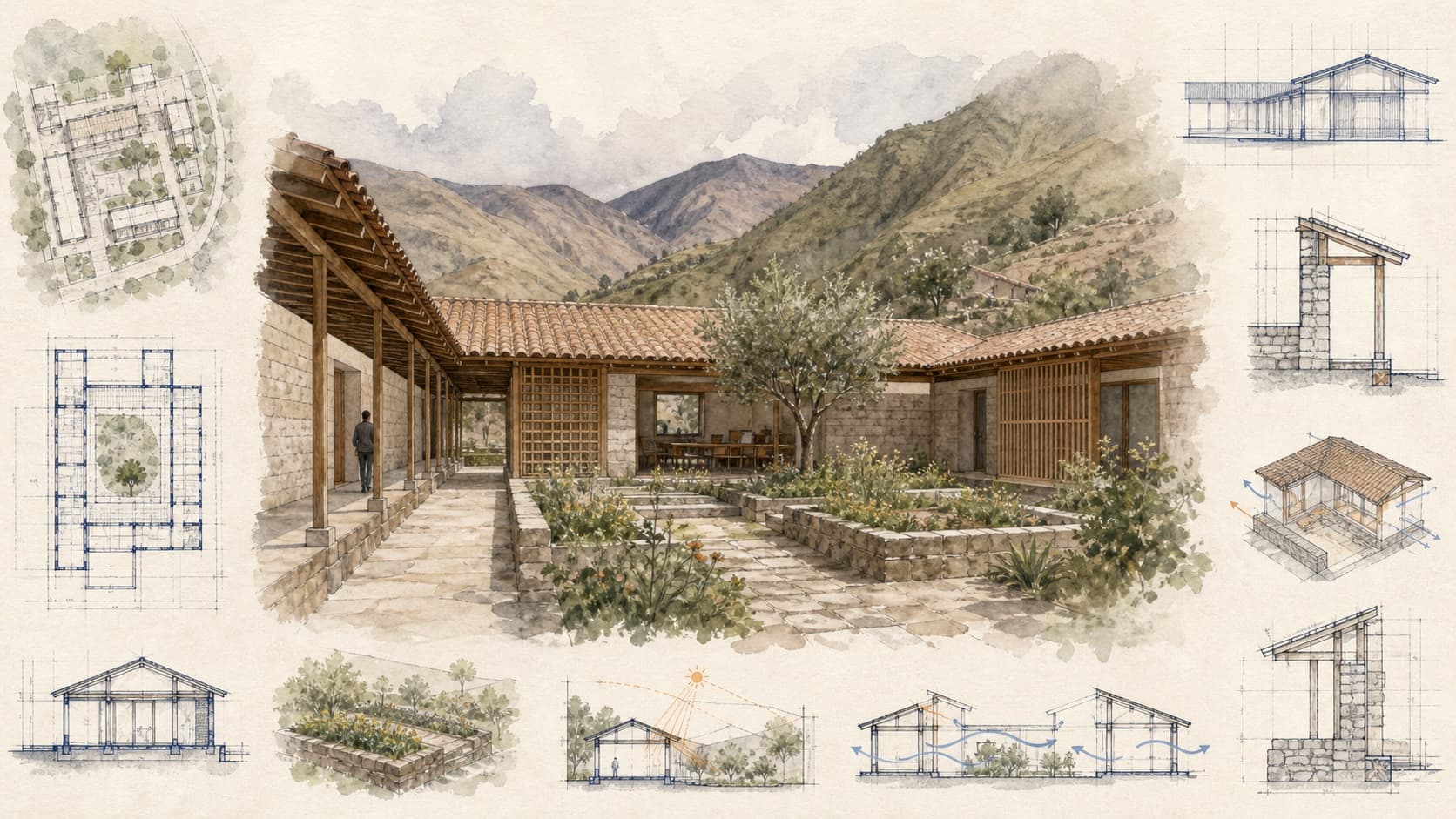Peru Orphan Home and School architectural visualization with watercolor and blueprint details