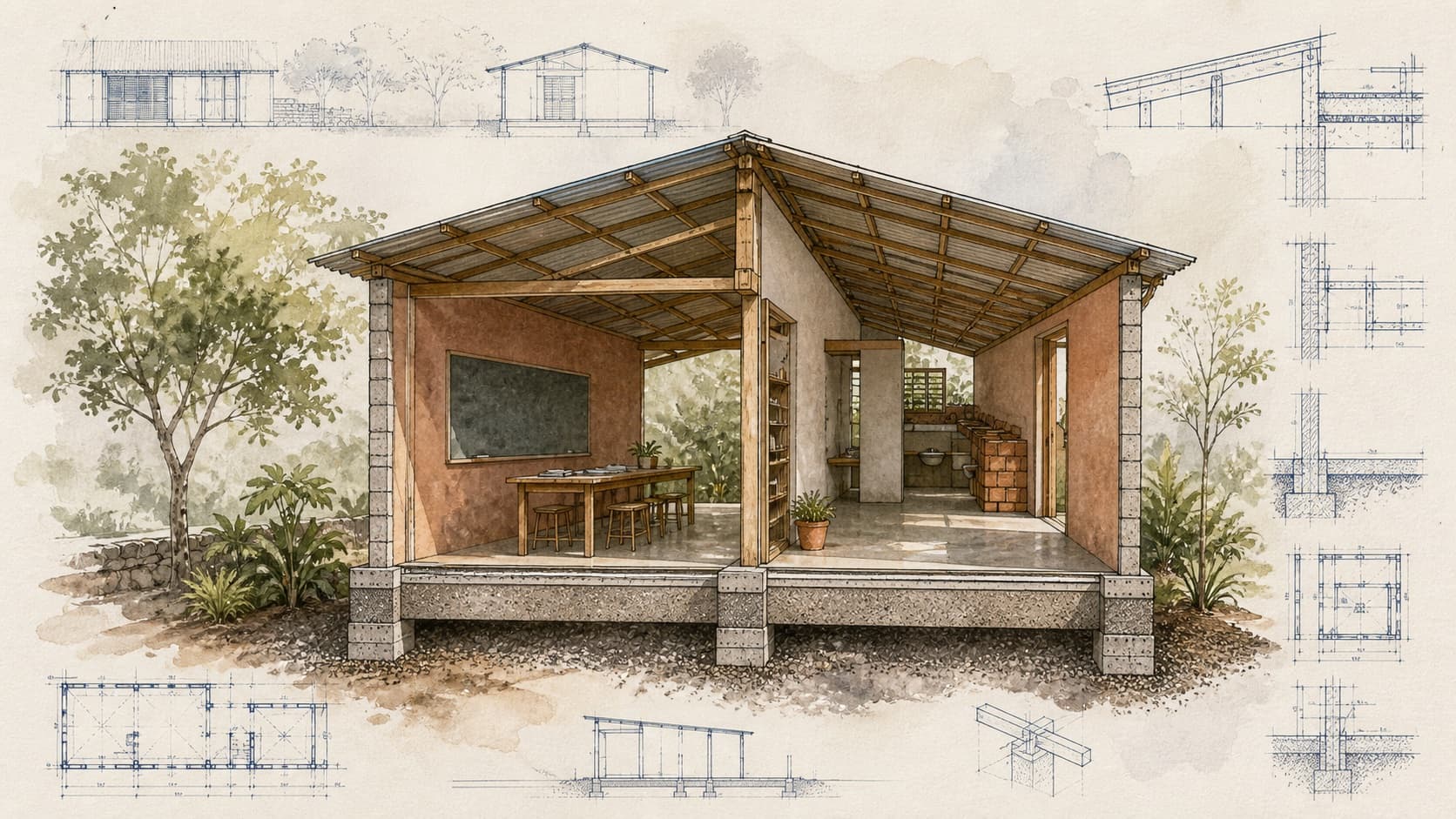 Proyecto Universal Renewable Energies and Education Facility architectural visualization with watercolor and blueprint details